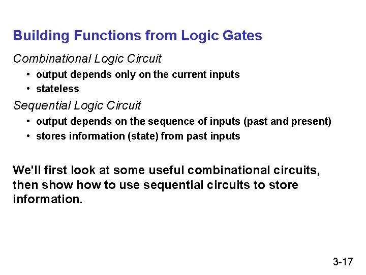 Building Functions from Logic Gates Combinational Logic Circuit • output depends only on the Building Functions from Logic Gates Combinational Logic Circuit • output depends only on the