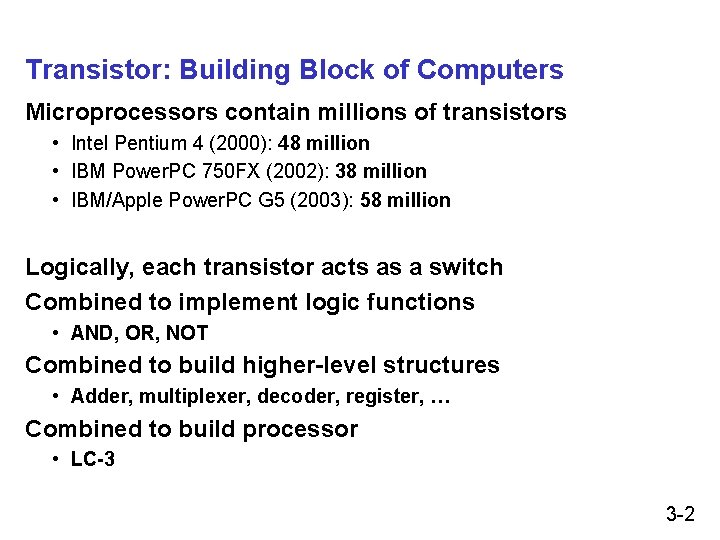 Transistor: Building Block of Computers Microprocessors contain millions of transistors • Intel Pentium 4 Transistor: Building Block of Computers Microprocessors contain millions of transistors • Intel Pentium 4