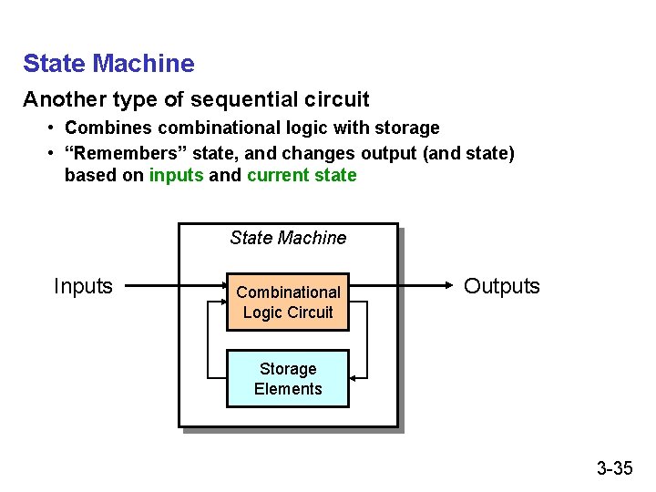 State Machine Another type of sequential circuit • Combines combinational logic with storage • State Machine Another type of sequential circuit • Combines combinational logic with storage •