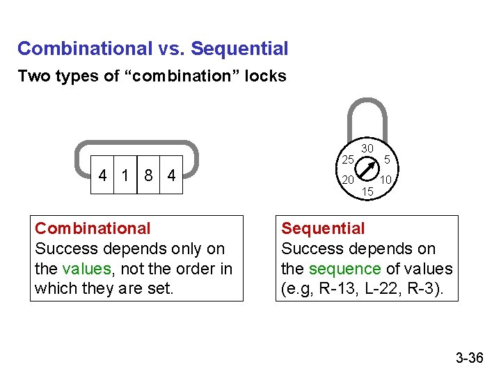 Combinational vs. Sequential Two types of “combination” locks 25 4 1 8 4 Combinational Combinational vs. Sequential Two types of “combination” locks 25 4 1 8 4 Combinational