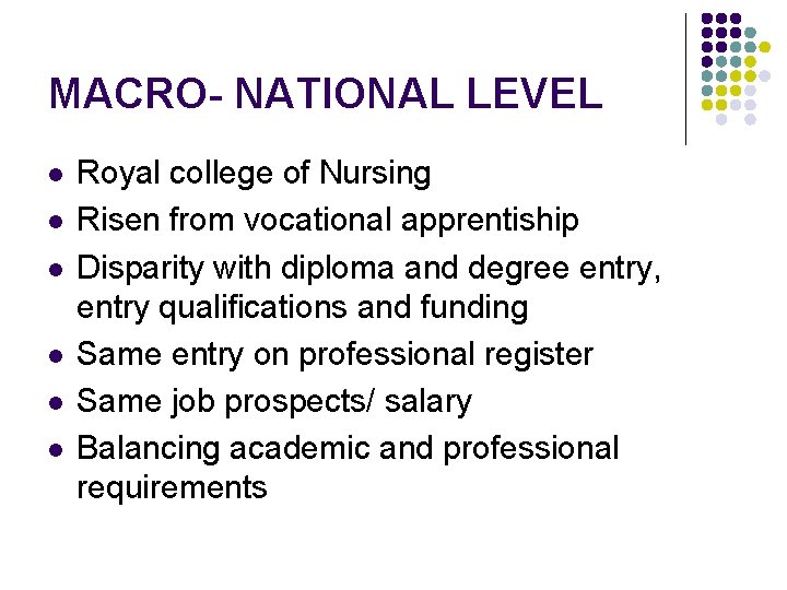 MACRO- NATIONAL LEVEL l l l Royal college of Nursing Risen from vocational apprentiship