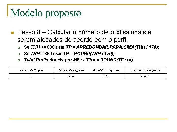 Modelo proposto n Passo 8 – Calcular o número de profissionais a serem alocados