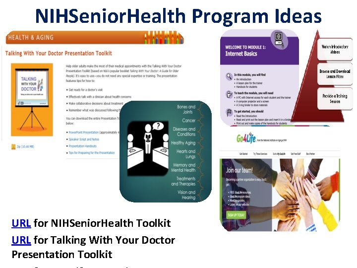 NIHSenior. Health Program Ideas URL for NIHSenior. Health Toolkit URL for Talking With Your