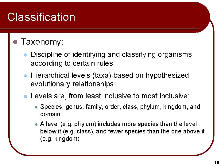 Classification l Taxonomy: l Discipline of identifying and classifying organisms according to certain rules