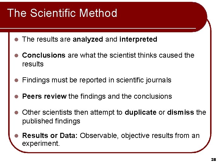 The Scientific Method l The results are analyzed and interpreted l Conclusions are what