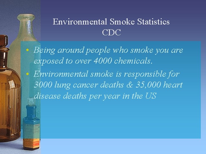 Environmental Smoke Statistics CDC • Being around people who smoke you are exposed to