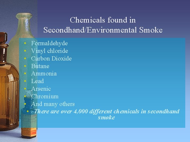 Chemicals found in Secondhand/Environmental Smoke • • • Formaldehyde Vinyl chloride Carbon Dioxide Butane