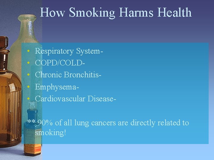 How Smoking Harms Health • • • Respiratory System. COPD/COLDChronic Bronchitis. Emphysema. Cardiovascular Disease-