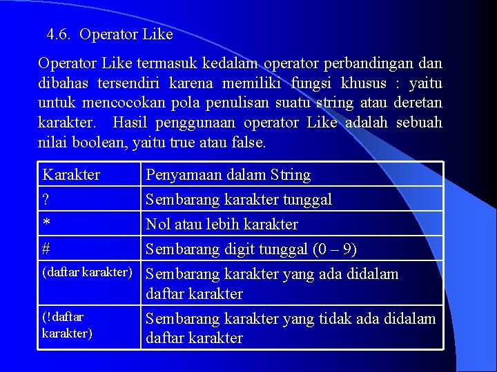4. 6. Operator Like termasuk kedalam operator perbandingan dibahas tersendiri karena memiliki fungsi khusus