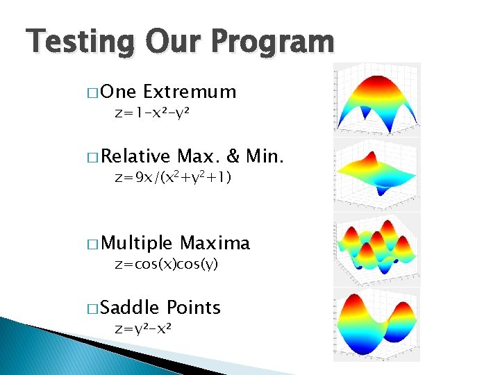 Testing Our Program � One Extremum z=1 -x²-y² � Relative Max. & Min. �