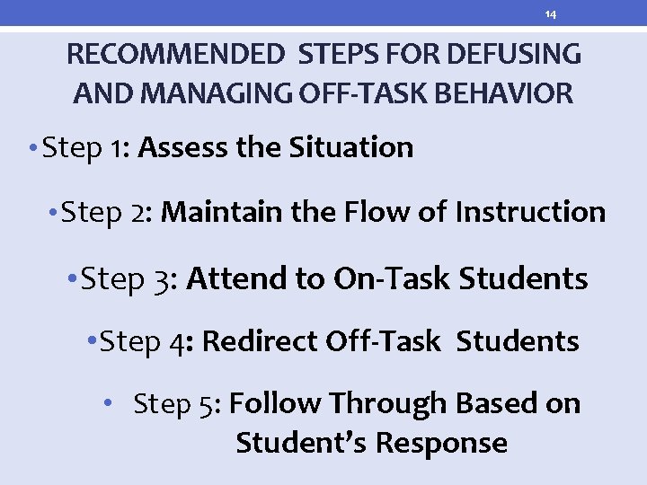 14 RECOMMENDED STEPS FOR DEFUSING AND MANAGING OFF-TASK BEHAVIOR • Step 1: Assess the