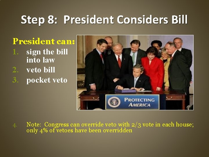 Step 8: President Considers Bill President can: 1. sign the bill into law 2.