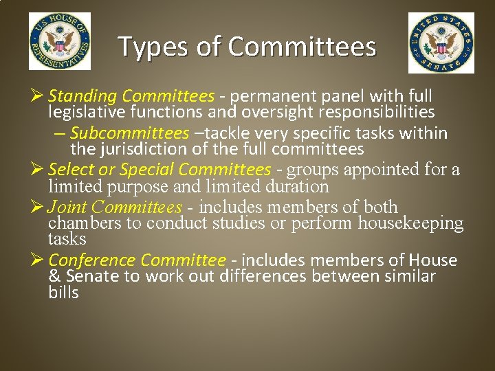 Types of Committees Ø Standing Committees - permanent panel with full legislative functions and