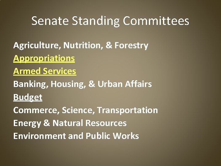 Senate Standing Committees Agriculture, Nutrition, & Forestry Appropriations Armed Services Banking, Housing, & Urban