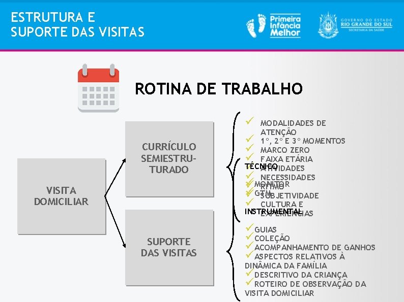 ESTRUTURA E SUPORTE DAS VISITAS ROTINA DE TRABALHO CURRÍCULO SEMIESTRUTURADO VISITA DOMICILIAR MODALIDADES DE