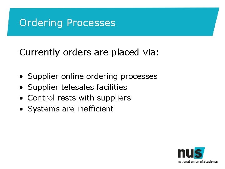 Ordering Processes Currently orders are placed via: • • Supplier online ordering processes Supplier