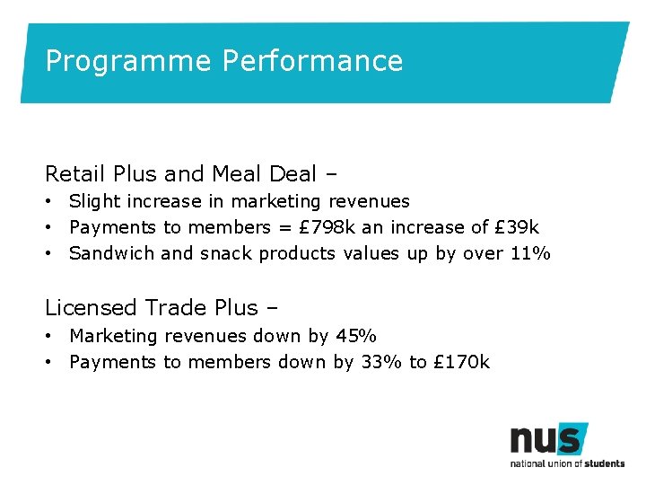 Programme Performance Retail Plus and Meal Deal – • Slight increase in marketing revenues