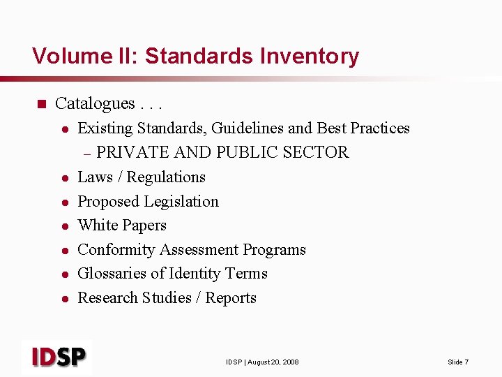 Volume II: Standards Inventory n Catalogues. . . l l l l Existing Standards,