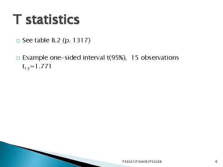 T statistics � � See table B. 2 (p. 1317) Example one-sided interval t(95%),