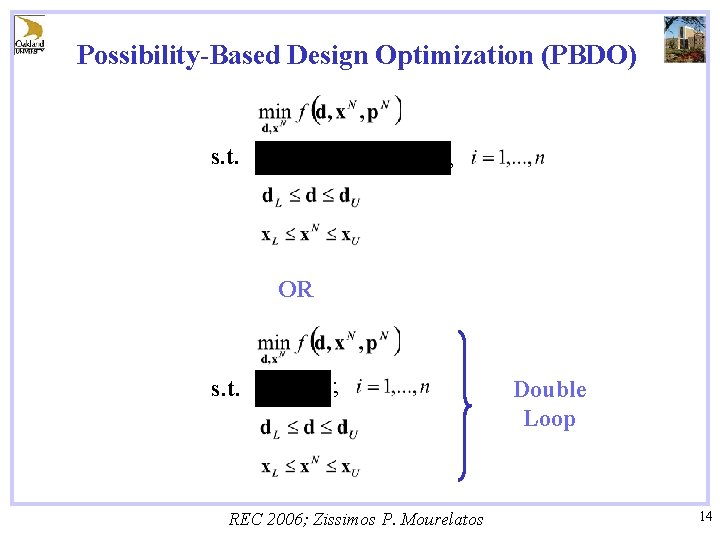 Possibility-Based Design Optimization (PBDO) s. t. ; OR s. t. ; REC 2006; Zissimos