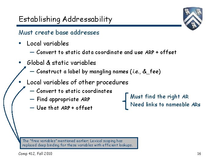 Establishing Addressability Must create base addresses • Local variables — Convert to static data
