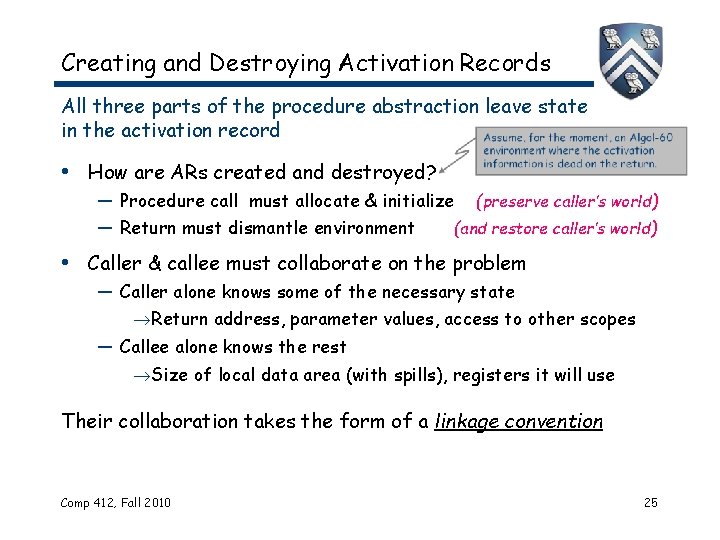 Creating and Destroying Activation Records All three parts of the procedure abstraction leave state
