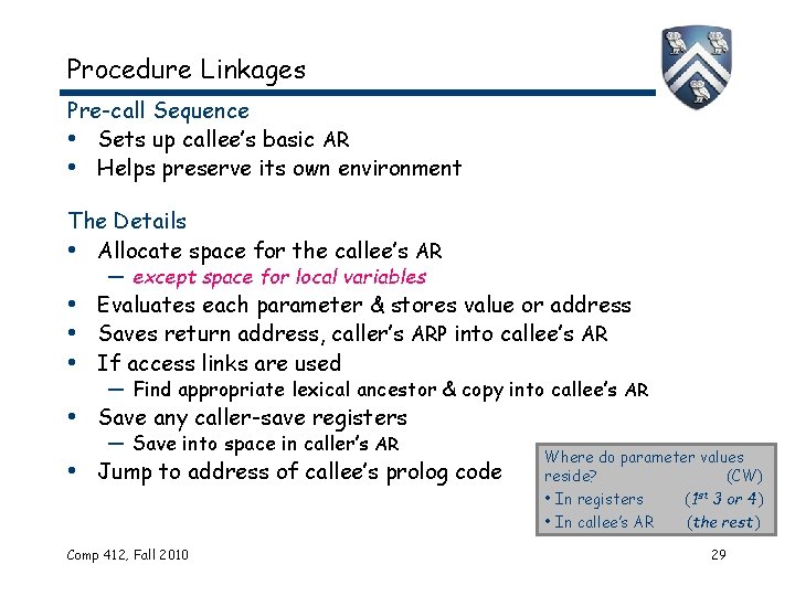 Procedure Linkages Pre-call Sequence • Sets up callee’s basic AR • Helps preserve its