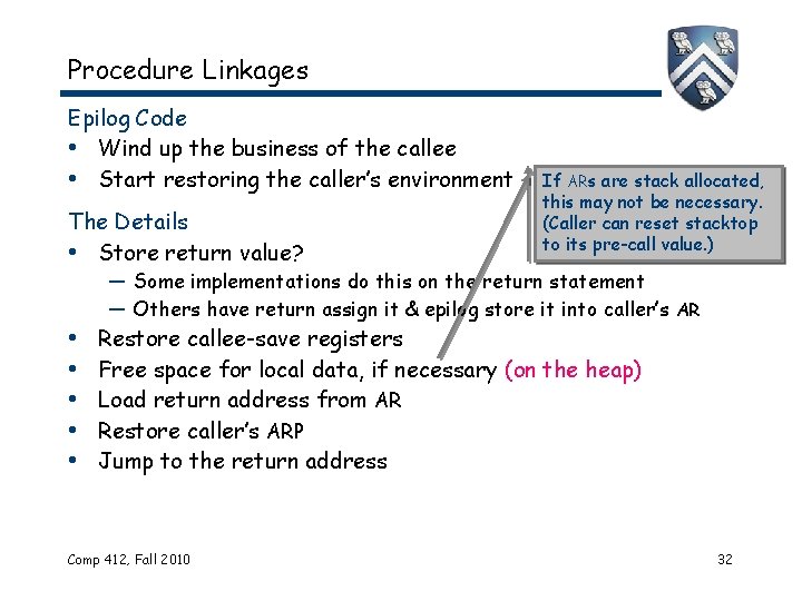 Procedure Linkages Epilog Code • Wind up the business of the callee • Start