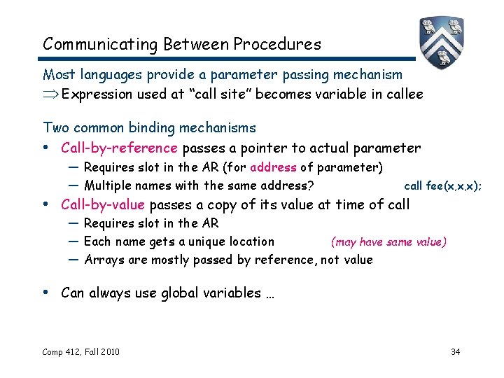 Communicating Between Procedures Most languages provide a parameter passing mechanism Expression used at “call