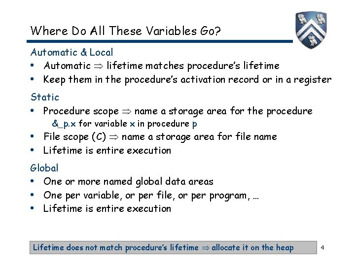 Where Do All These Variables Go? Automatic & Local • Automatic lifetime matches procedure’s