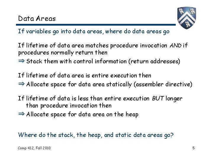 Data Areas If variables go into data areas, where do data areas go If