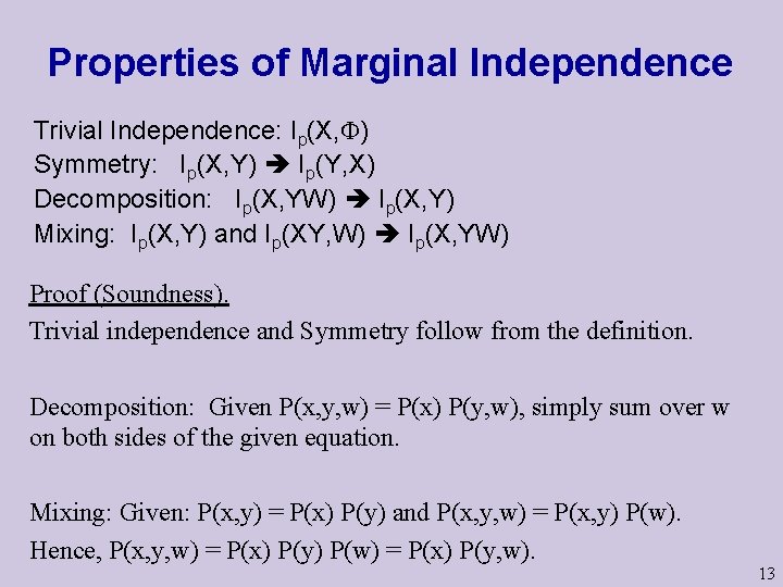 Properties of Marginal Independence Trivial Independence: Ip(X, ) Symmetry: Ip(X, Y) Ip(Y, X) Decomposition: