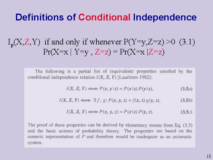 Definitions of Conditional Independence Ip(X, Z, Y) if and only if whenever P(Y=y, Z=z)