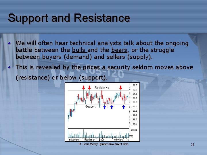 Support and Resistance • We will often hear technical analysts talk about the ongoing