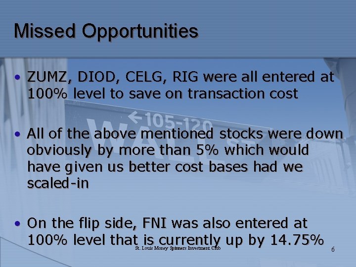 Missed Opportunities • ZUMZ, DIOD, CELG, RIG were all entered at 100% level to