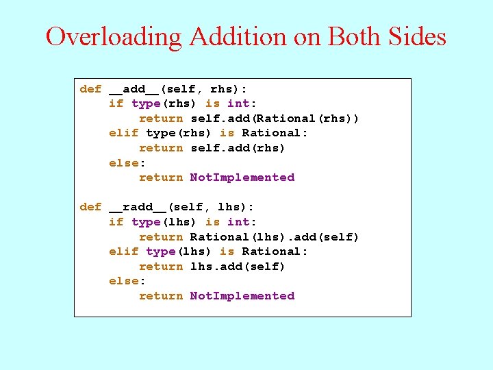 Overloading Addition on Both Sides def __add__(self, rhs): if type(rhs) is int: return self.