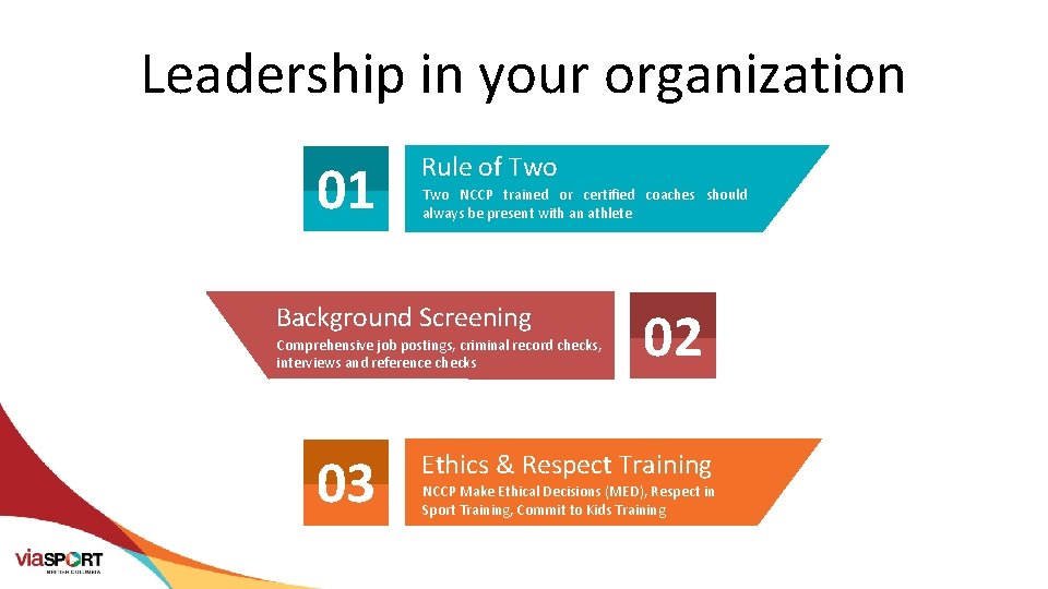 Leadership in your organization 01 Rule of Two NCCP trained or certified coaches should