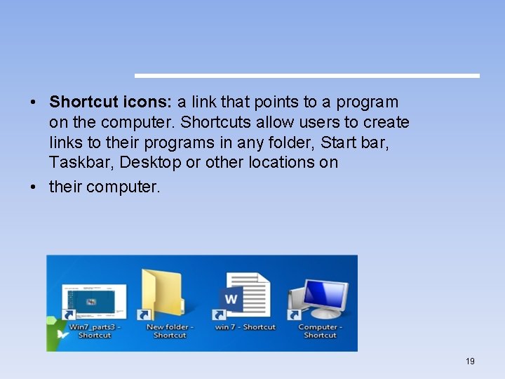  • Shortcut icons: a link that points to a program on the computer.
