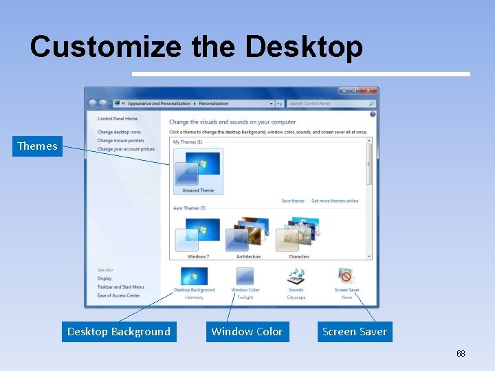 Customize the Desktop Themes Desktop Background Window Color Screen Saver 68 