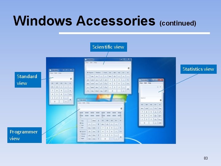 Windows Accessories (continued) Scientific view Statistics view Standard view Programmer view 83 