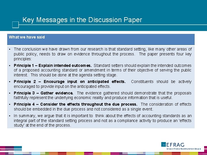 Key Messages in the Discussion Paper What we have said • The conclusion we