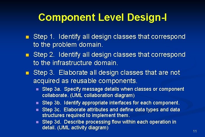 Component Level Design-I n n n Step 1. Identify all design classes that correspond