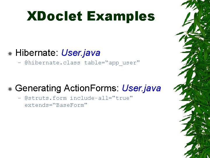 XDoclet Examples Hibernate: User. java – @hibernate. class table=“app_user" Generating Action. Forms: User. java