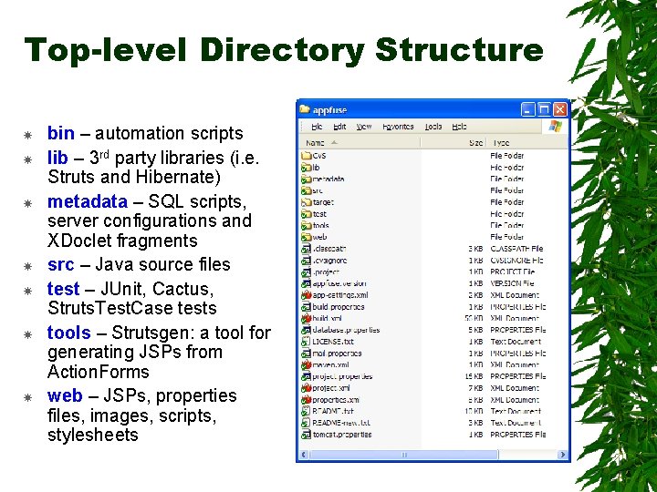 Top-level Directory Structure bin – automation scripts lib – 3 rd party libraries (i.