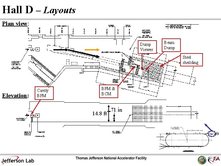 Hall D – Layouts Plan view: Dump Viewer Beam Dump Steel sheilding Elevation: Cavity