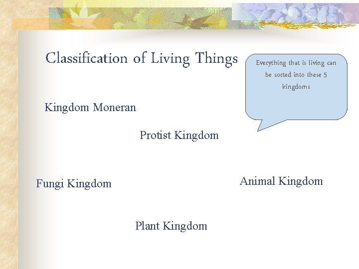 Classification of Living Things Everything that is living can be sorted into these 5