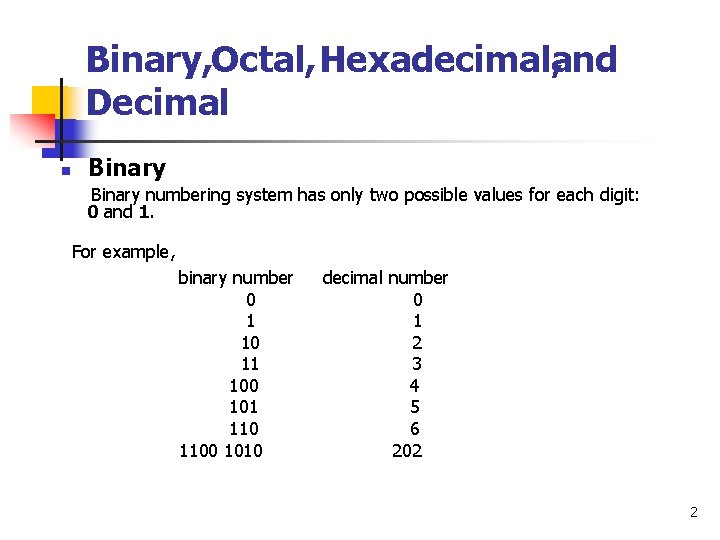 Binary, Octal, Hexadecimal, and Decimal Binary numbering system has only two possible values for