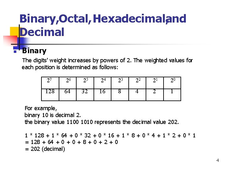 Binary, Octal, Hexadecimal, and Decimal Binary The digits' weight increases by powers of 2.