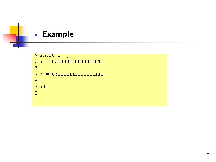  Example > short i, j > i = 0 b 000000010 2 >