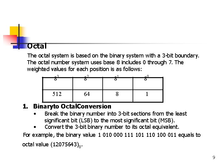 Octal The octal system is based on the binary system with a 3